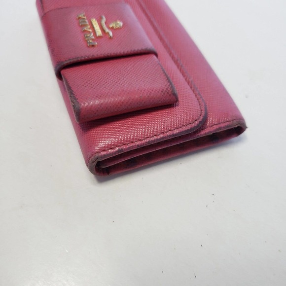 PRADA Leather Logo Wallet Small Pink Saffiano Compact Key Case Hooks Holder Bow - Picture 12 of 12